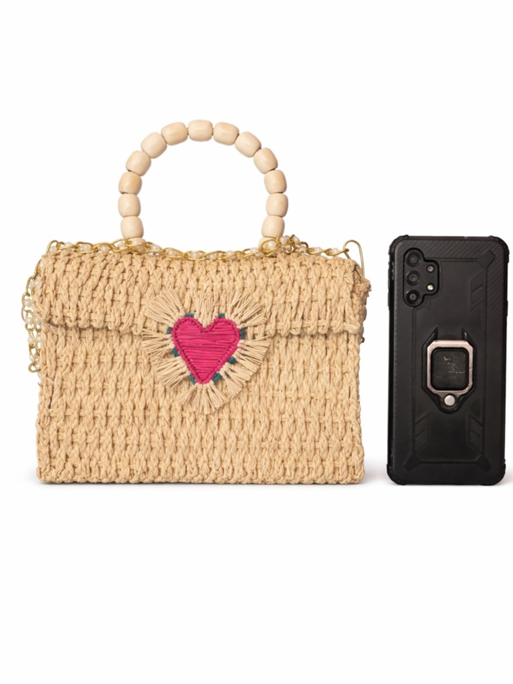 Handcrafted Tan Woven Bag with Heart Accent - Picture 4 of 4